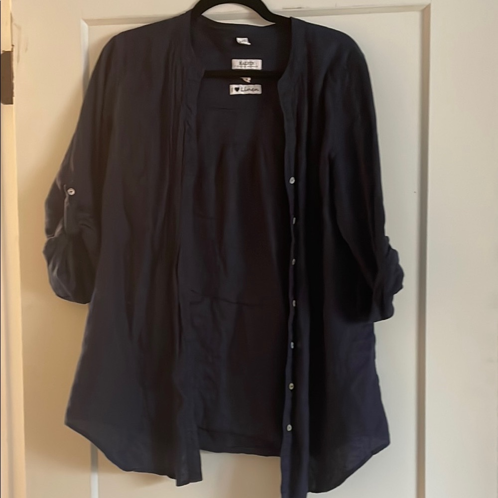 Malvin 100% Linen Button Down Shirt Blouse Roll Tab Sleeves V-Neck Navy Blue